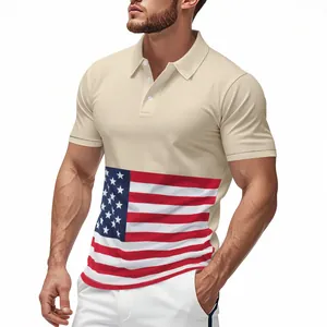 Polo beige pour homme avec imprimé drapeau américain, coupe sport décontractée