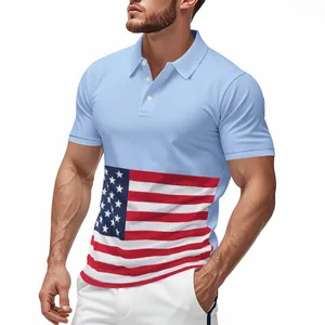Polo ajusté bleu clair pour homme avec motif drapeau américain, tissu technique en soie glacée