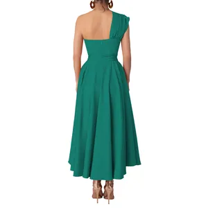 Back view of a teal one-shoulder sleeveless maxi dress with a waisted flared hem.