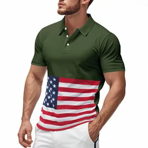 Polo pour homme vert olive avec imprimé drapeau américain, t-shirt d'été à séchage rapide