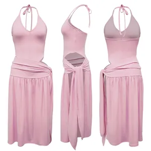 Pink halter top and high-split skirt set shown from front, side, and back views