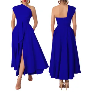 Detailed front and back views of a royal blue one-shoulder sleeveless maxi dress with a belt