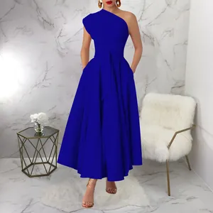 Elegant royal blue one-shoulder sleeveless maxi dress featuring a cinched belted waist