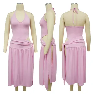 Detailed three-angle view of pink halter neck top and side split skirt set for women