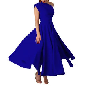 Elegant royal blue one-shoulder sleeveless swing dress with cinched waist for women