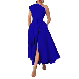 Elegant royal blue one-shoulder maxi dress with belted waist and front split detail