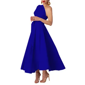 Side view of elegant royal blue one-shoulder maxi dress with waist tie and flared skirt