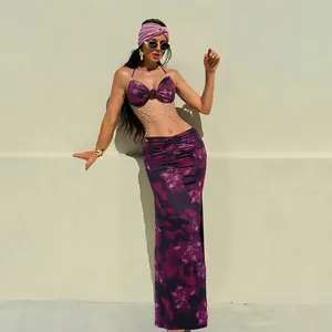 Sexy purple floral halter set with pearl body chain decoration and ruched long skirt