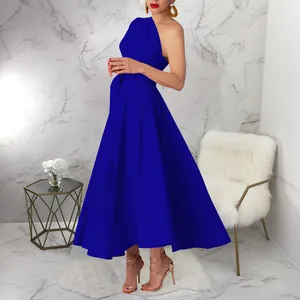 Elegant royal blue one-shoulder sleeveless maxi dress with belted waist details shown on model