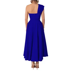 Detailed back view of an elegant royal blue one-shoulder maxi dress with a pleated A-line skirt