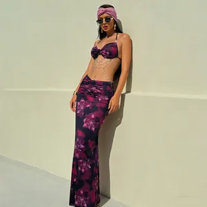 Sexy halter floral dress with delicate pearl chain accents and a figure-hugging slim fit.