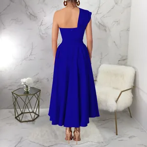 Back view of elegant royal blue one-shoulder sleeveless maxi dress with a flowy skirt