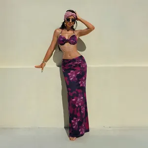 Sexy floral halter two-piece dress with decorative pearl chains and backless design for women