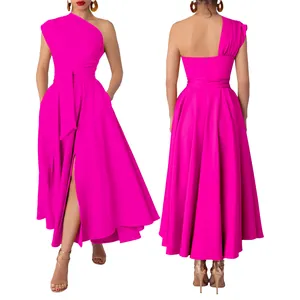 Detailed front and back views of a hot pink one-shoulder maxi dress with waist tie.