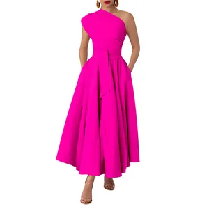 Elegant one-shoulder sleeveless solid pink maxi dress featuring a tie waist and flared skirt