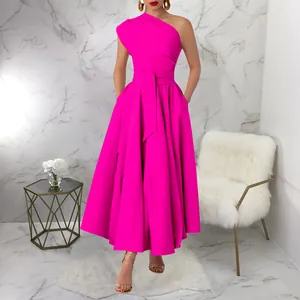 Elegant magenta one-shoulder sleeveless maxi dress with waist-tie and large swing skirt