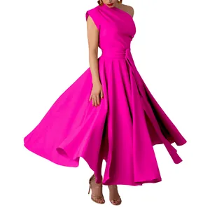 Elegant magenta sleeveless one-shoulder maxi dress with cinched waist and wide swing skirt