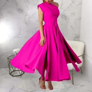 One-shoulder fuchsia sleeveless dress with cinched waist and pleated swing skirt