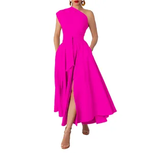 Detail view of fuchsia one-shoulder maxi dress with waist tie and high slit