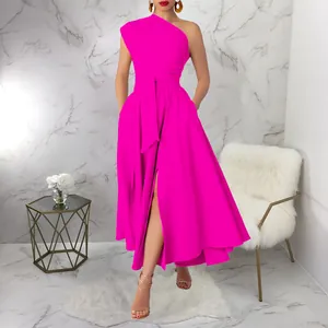 Elegant magenta one-shoulder sleeveless maxi dress featuring a high slit and waist tie