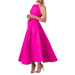 Hot pink sleeveless one-shoulder maxi dress with waist-cinching belt and flared hem