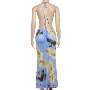 Detailed rear view of a blue floral halter neck backless maxi dress on a mannequin