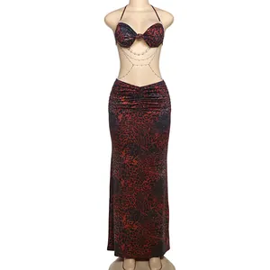Sexy red and black leopard print halter maxi dress with multi-layer bead chain waist detail