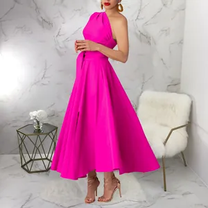 Elegant sleeveless oblique neck magenta swing dress with waist-cinching belt detail