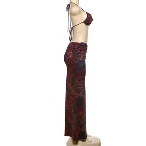 Detailed side view of sexy red leopard print halter maxi dress with decorative bead chain