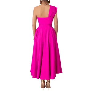 Rear view of magenta one-shoulder maxi dress with cinched waist and pleated skirt