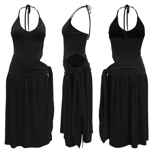 Detailed views showing a black halter neck top and wrap-around skirt set from three angles