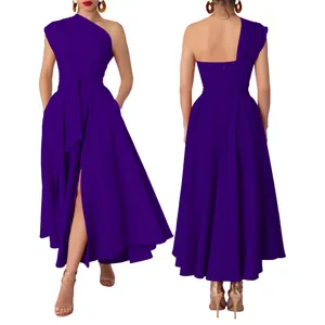 Detailed front and back views of an elegant purple one-shoulder sleeveless maxi dress