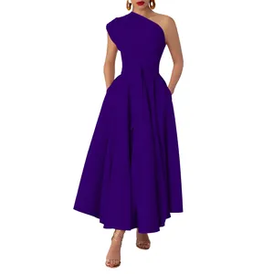Elegant one-shoulder solid purple maxi dress with waist tie and large hem detail