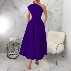 Elegant purple one-shoulder sleeveless flare dress with waist tie belt for women.