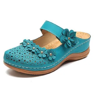 Retro turquoise flower sandals for women with laser-cut hollow pattern and thick wedge sole