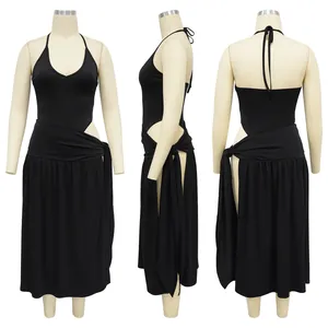 Detailed front, side, and back views of a black halter neck top and slit skirt set