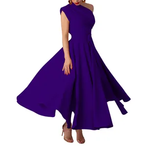 Detailed view of an elegant purple one-shoulder dress silhouette with a flared skirt