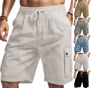 Macro view of men's slub linen tactical cargo shorts in various colors for summer