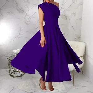 Elegant purple one-shoulder sleeveless maxi dress with a flowy swing hem and waist tie detail.
