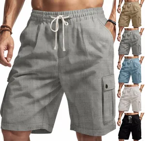 Men's cargo linen shorts in multiple colors showing texture and drawstring detail