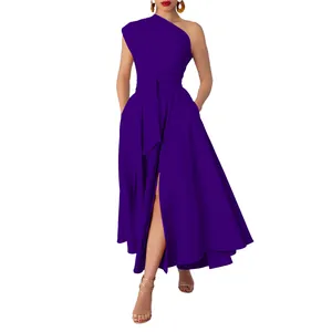 Elegant purple one-shoulder sleeveless maxi dress featuring a waist tie and sexy high slit.