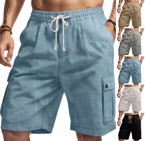 Detailed view of men's summer tactical cargo shorts in various linen color options