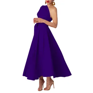 Elegant purple one-shoulder sleeveless maxi dress with a cinched waist and full skirt