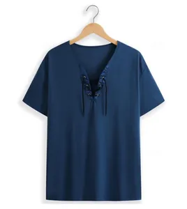 T-shirt à manches courtes et col en V avec lacets pour hommes, bleu foncé cintré