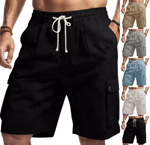 Detailed view of men's slub linen cargo shorts showing multiple colors and texture
