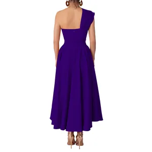 Back view of a purple one-shoulder sleeveless maxi dress with a pleated waist.