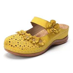 Vintage yellow floral wedge sandals for women featuring unique hollow-out flower pattern