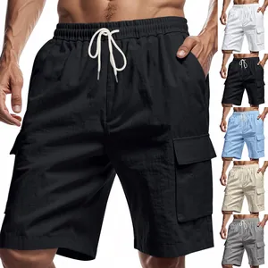 Men's casual linen cargo shorts with drawstring in multiple solid colors