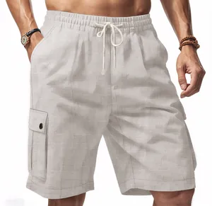 Detail of slub linen cargo shorts showing breathable fabric texture and pockets