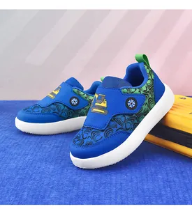 Side view detail of breathable mesh toddler boy sneakers with construction vehicle design